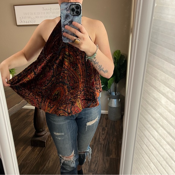FP Velvet Burnout Paisley Red Orange Yellow black neck tie sleeveless XS - Picture 3 of 13
